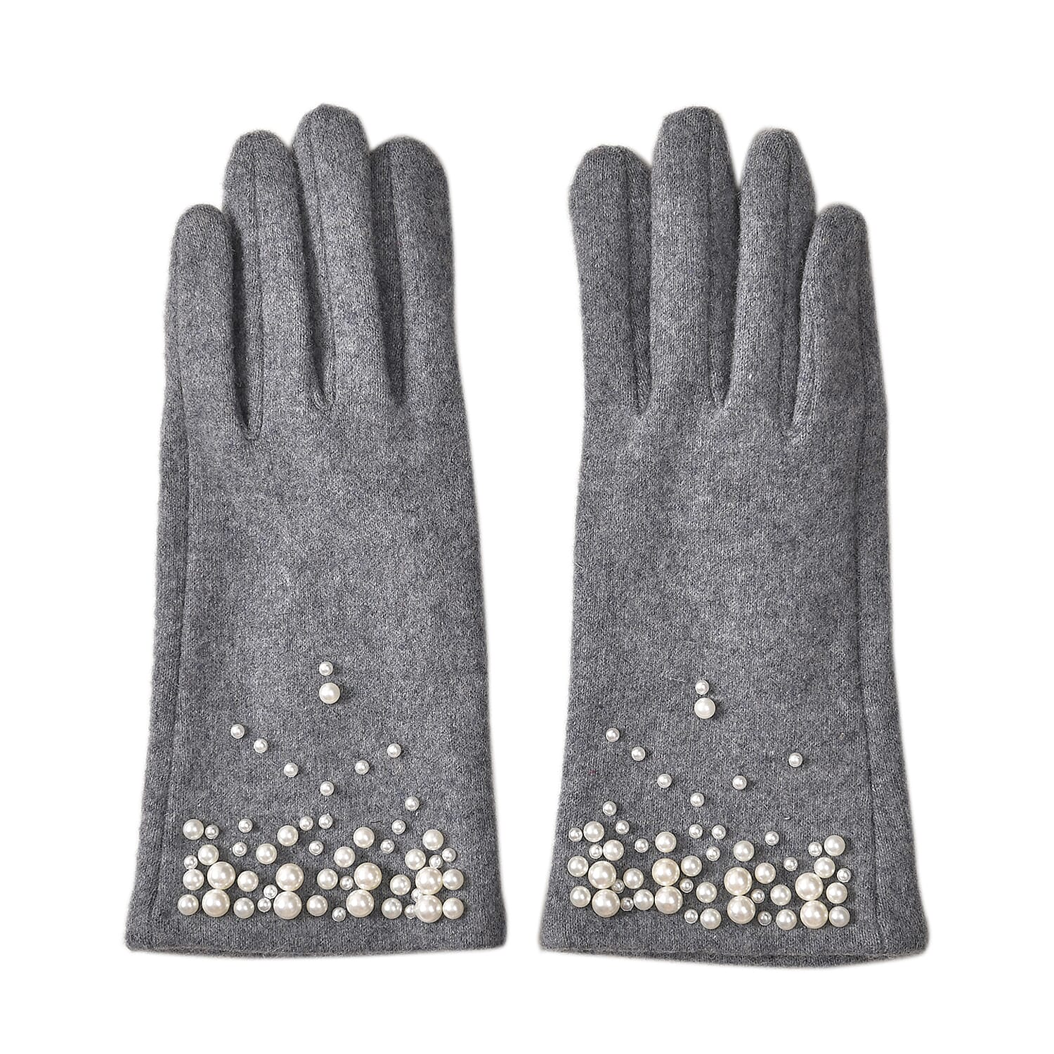 Cashmere Gloves Decorated with Shiny Beads & Touch Screen Function - Grey