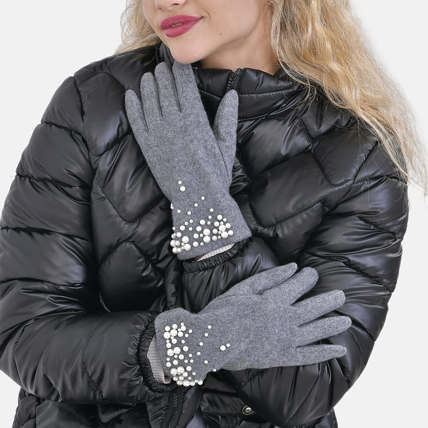Cashmere Gloves Decorated with Shiny Beads & Touch Screen Function - Grey