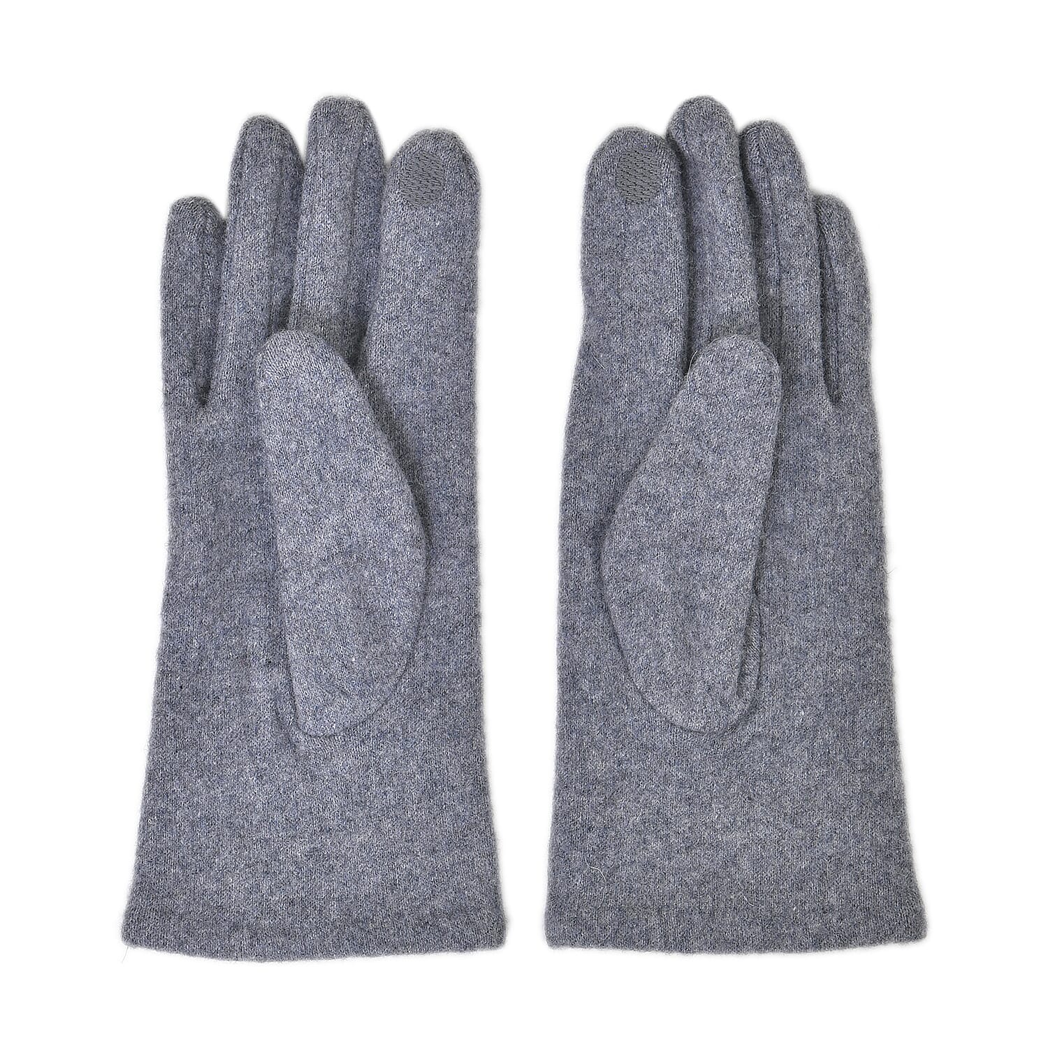 Cashmere Gloves Decorated with Shiny Beads & Touch Screen Function - Grey