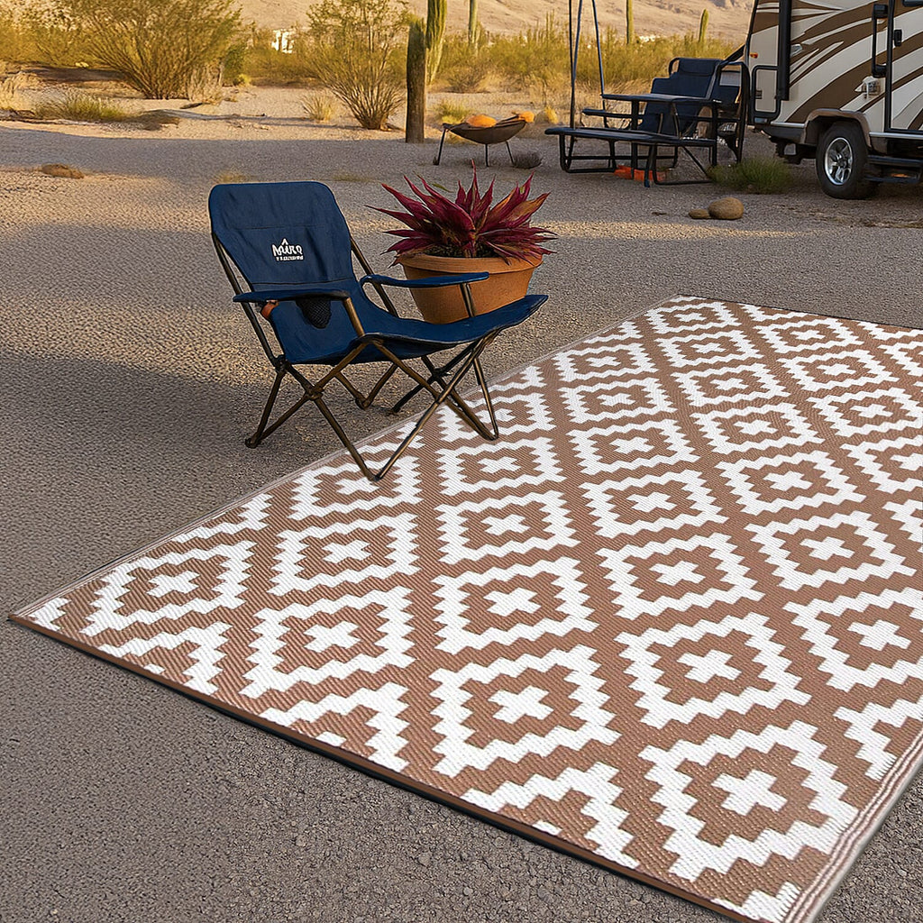 Green Decore Geometric Pattern Lightweight Reversible Stain Proof Outdoor Rug (180x120 cm) - Taupe - White