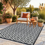 Green Decore Geometric Pattern Lightweight Reversible Stain Proof Outdoor Rug (180x120 cm) - Teal, Black - White