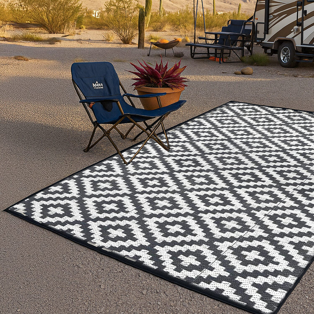 Green Decore Geometric Pattern Lightweight Reversible Stain Proof Outdoor Rug (180x120 cm) - Teal, Black - White