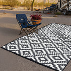 Green Decore Geometric Pattern Lightweight Reversible Stain Proof Outdoor Rug (180x120 cm) - Teal, Black - White