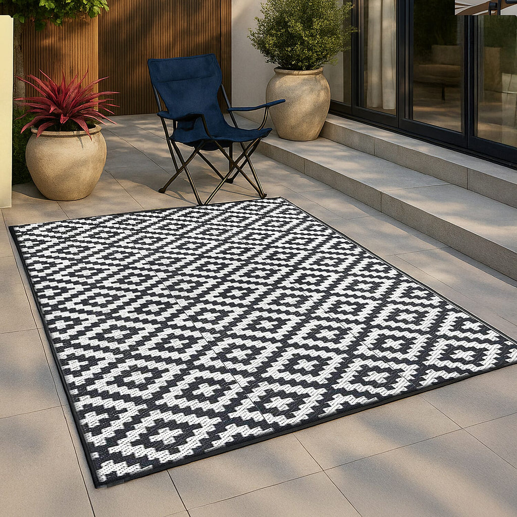 Green Decore Geometric Pattern Lightweight Reversible Stain Proof Outdoor Rug (180x120 cm) - Teal, Black - White