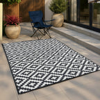 Green Decore Geometric Pattern Lightweight Reversible Stain Proof Outdoor Rug (180x120 cm) - Teal, Black - White