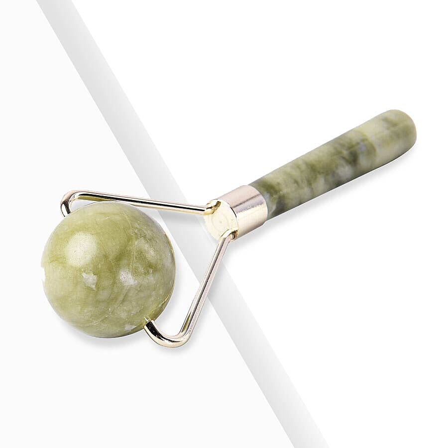 Green Jade Face Sphere Roller in Gold Tone
