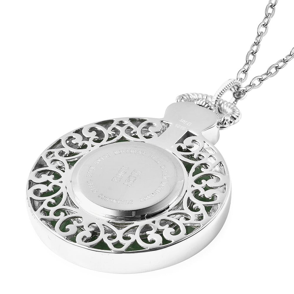 Green Jade Swiss Movement Watch with Chain (Size 32) in Rhodium Overlay Sterling Silver and Stainless Steel 62.00 Ct, Silver wt. 21.00 Gms
