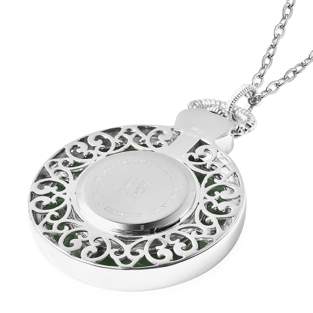 Green Jade Swiss Movement Watch with Chain (Size 32) in Rhodium Overlay Sterling Silver and Stainless Steel 62.00 Ct, Silver wt. 21.00 Gms