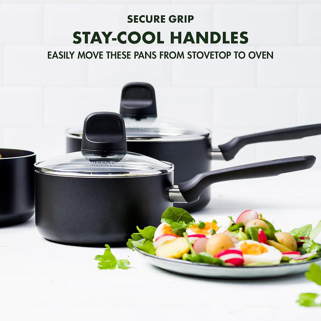 GreenPan Memphis Healthy Ceramic Non-Stick 16 cm, 18 cm and 20 cm Saucepan Set with Lids, PFAS Free, Induction,Oven Safe, Black