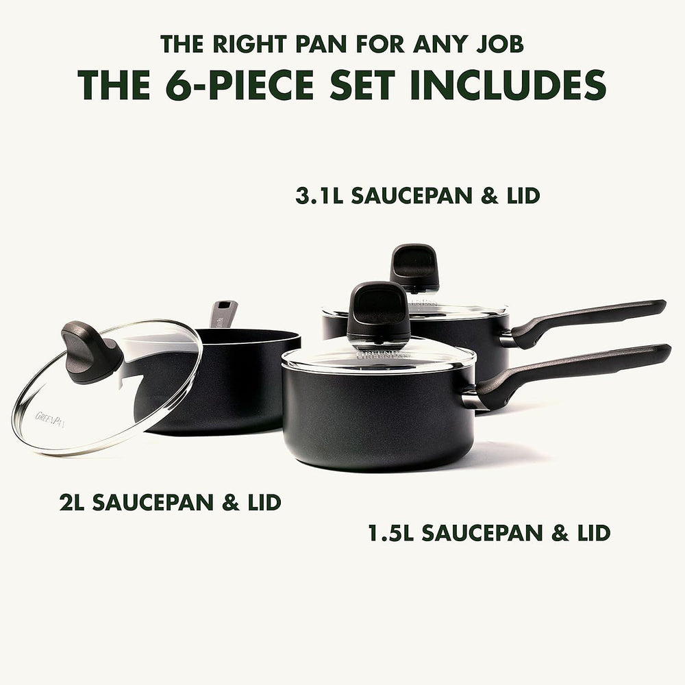 GreenPan Memphis Healthy Ceramic Non-Stick 16 cm, 18 cm and 20 cm Saucepan Set with Lids, PFAS Free, Induction,Oven Safe, Black