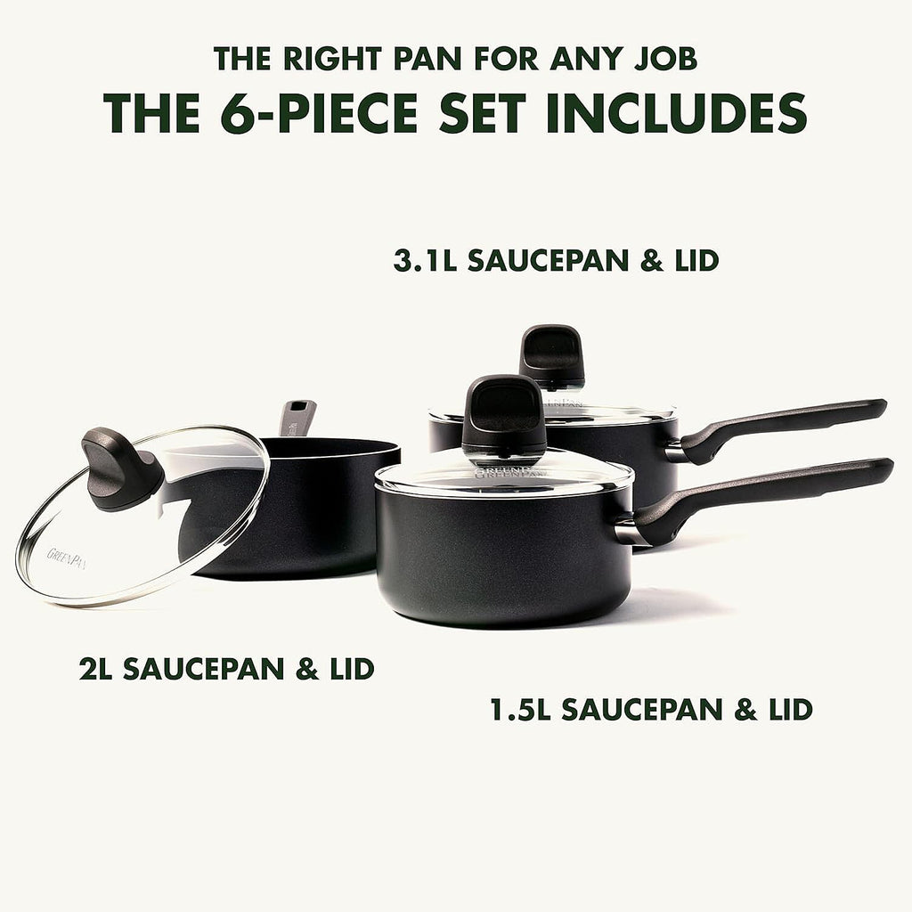 GreenPan Memphis Healthy Ceramic Non-Stick 16 cm, 18 cm and 20 cm Saucepan Set with Lids, PFAS Free, Induction,Oven Safe, Black