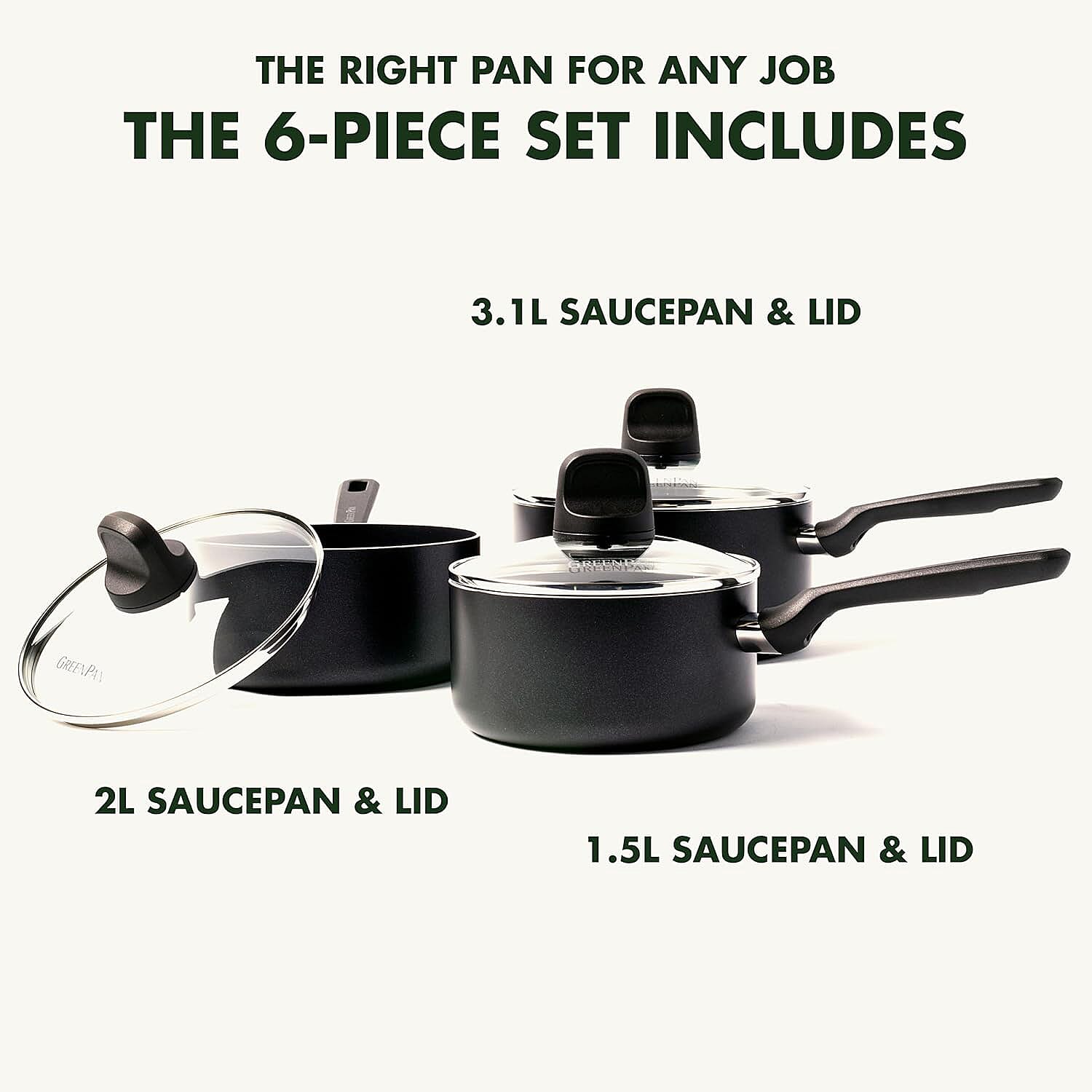 GreenPan Memphis Healthy Ceramic Non-Stick 16 cm, 18 cm and 20 cm Saucepan Set with Lids, PFAS Free, Induction,Oven Safe, Black