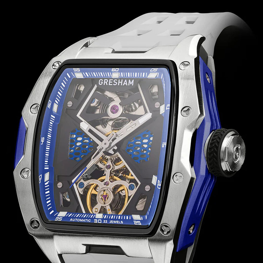 Gresham GI Special Edition Automatic Movt. 5ATM WR Skeleton Dial Mens Watch - Silver - Blue