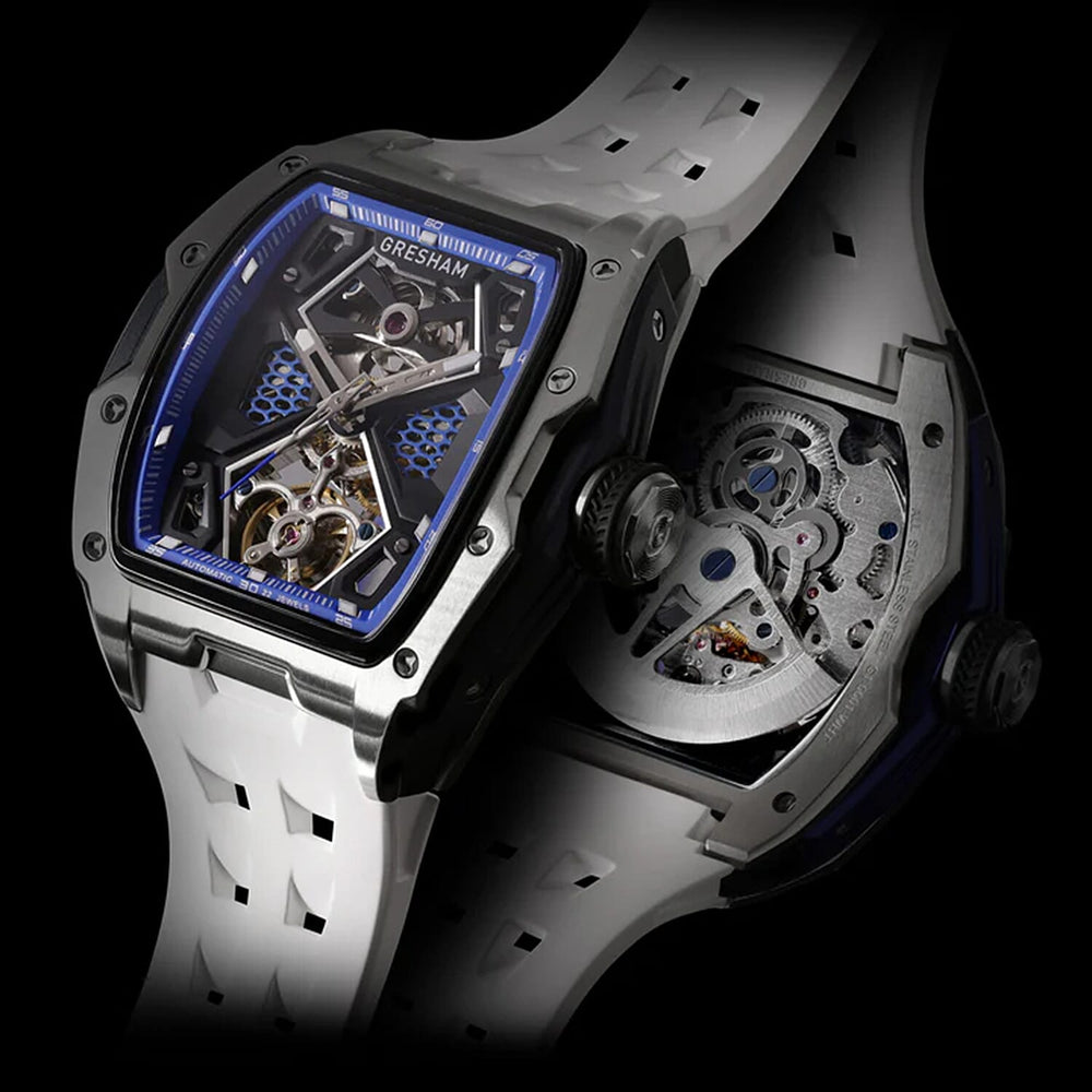 Gresham GI Special Edition Automatic Movt. 5ATM WR Skeleton Dial Mens Watch - Silver - Blue