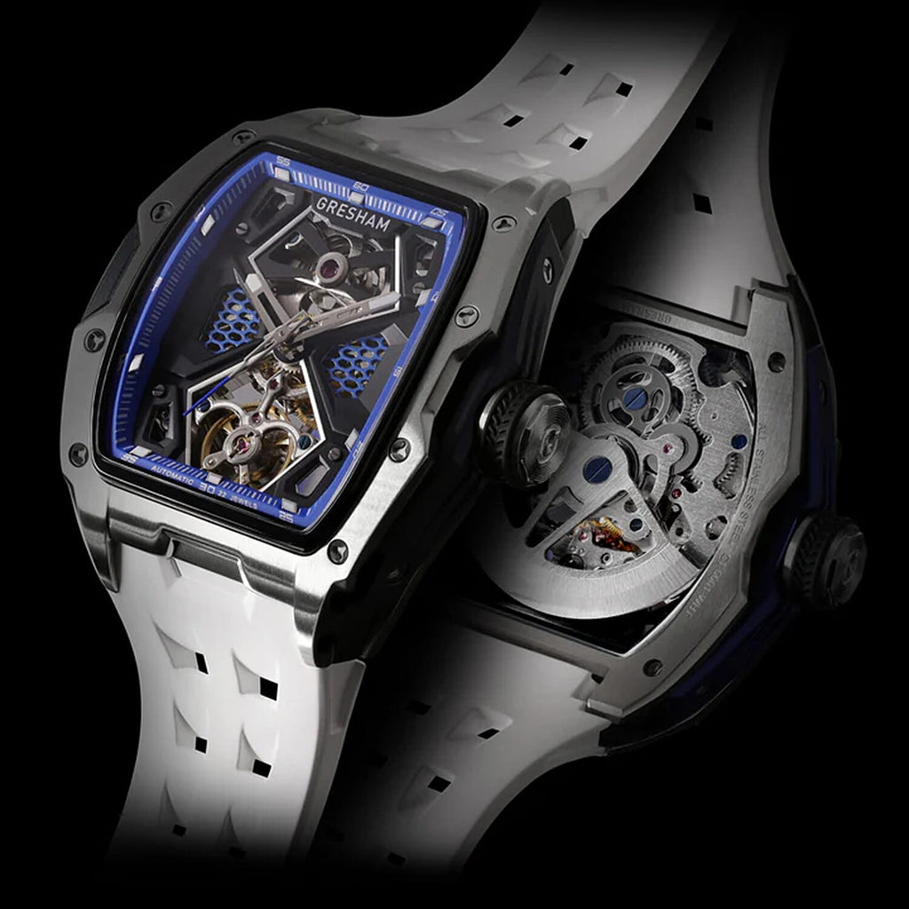 Gresham GI Special Edition Automatic Movt. 5ATM WR Skeleton Dial Mens Watch - Silver - Blue