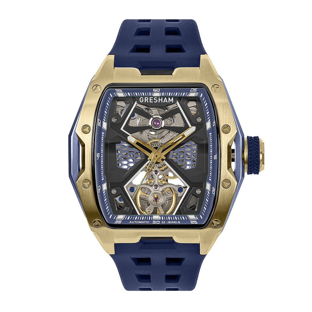 Gresham Genesis Automatic Skeleton Movement 5ATM Water Resistance Blue Dial Mens Watch with Blue Rubber Strap