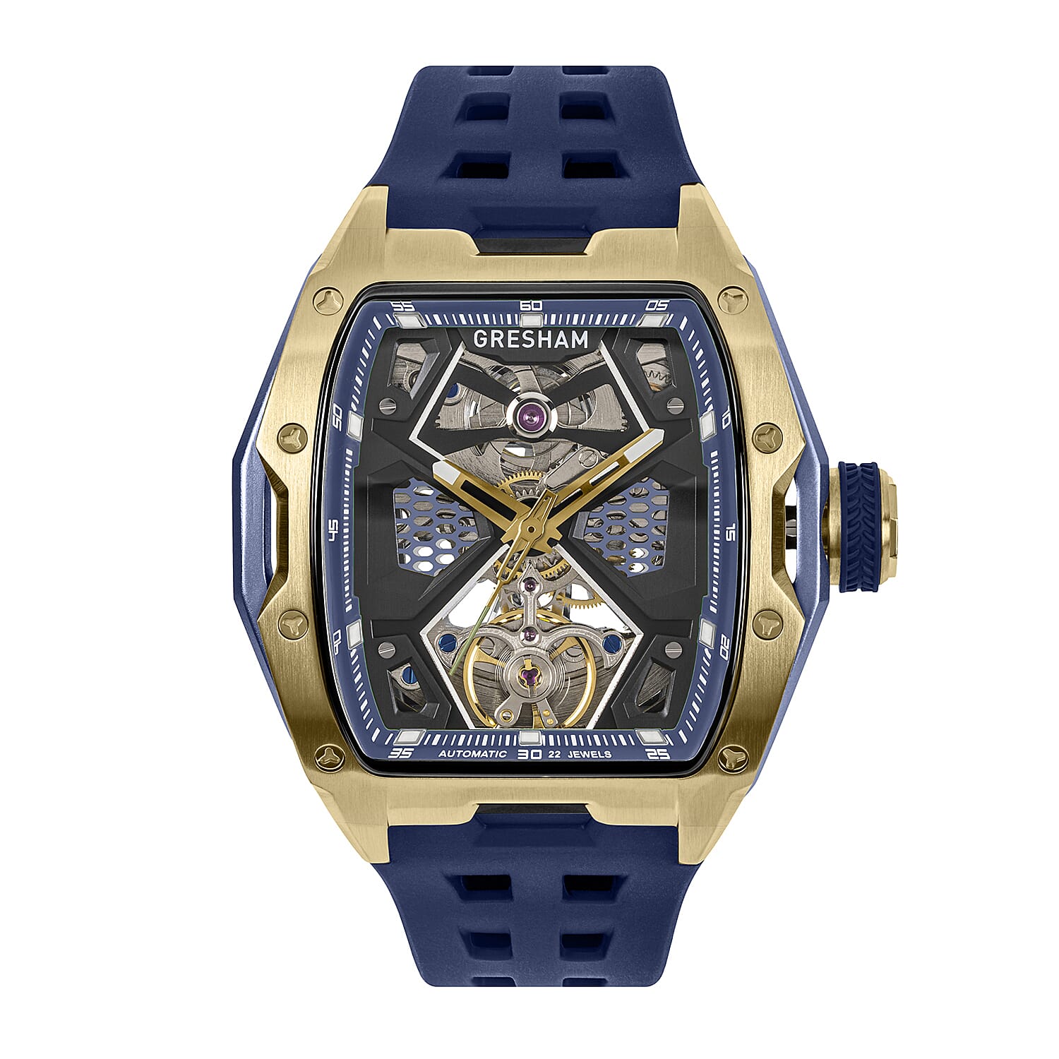 Gresham Genesis Automatic Skeleton Movement 5ATM Water Resistance Blue Dial Mens Watch with Blue Rubber Strap