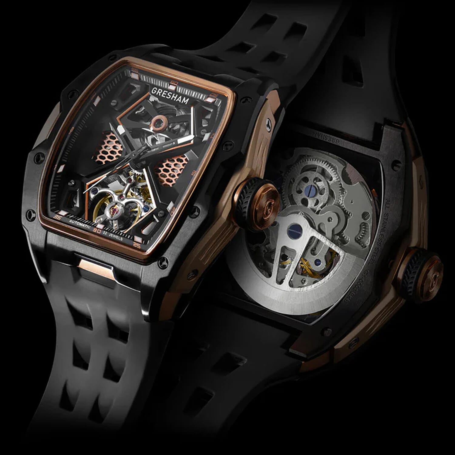 Gresham GI Special Edition Automatic Movt. 5ATM WR Skeleton Dial Mens Watch - Black - Rose