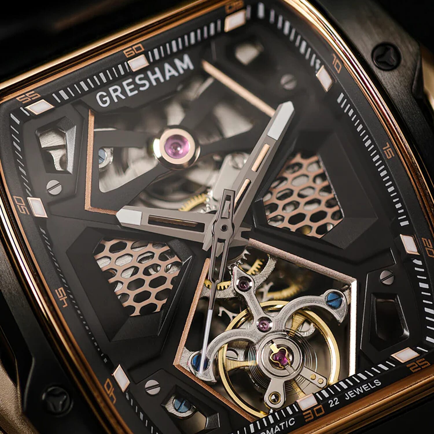 Gresham GI Special Edition Automatic Movt. 5ATM WR Skeleton Dial Mens Watch - Black - Rose