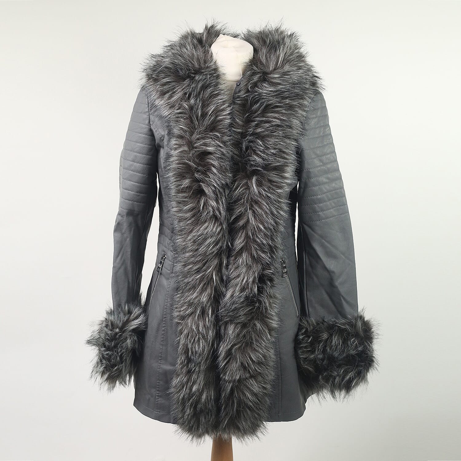 Grey Hooded Faux Leather Jacket with Faux Fur Trim Collar and Cuffs (Size 12)