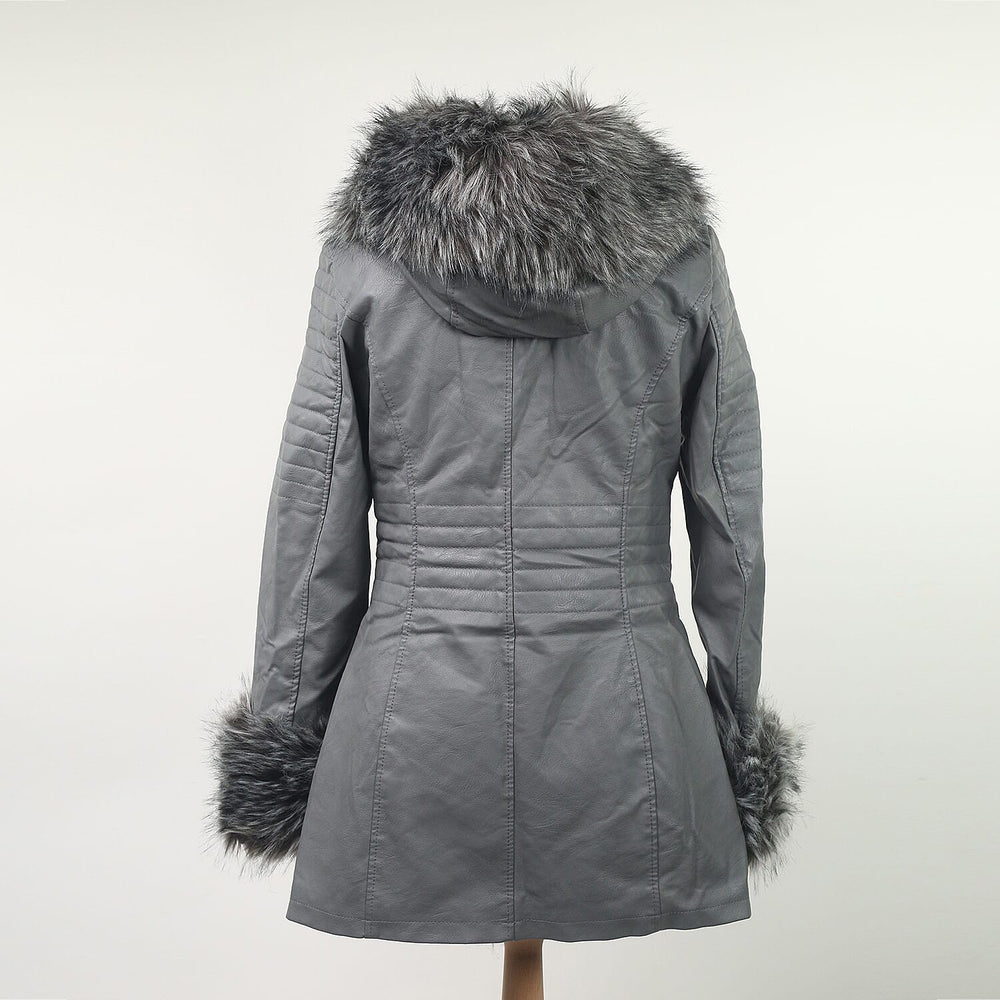 Grey Hooded Faux Leather Jacket with Faux Fur Trim Collar and Cuffs (Size 12)