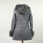 Grey Hooded Faux Leather Jacket with Faux Fur Trim Collar and Cuffs (Size 12)