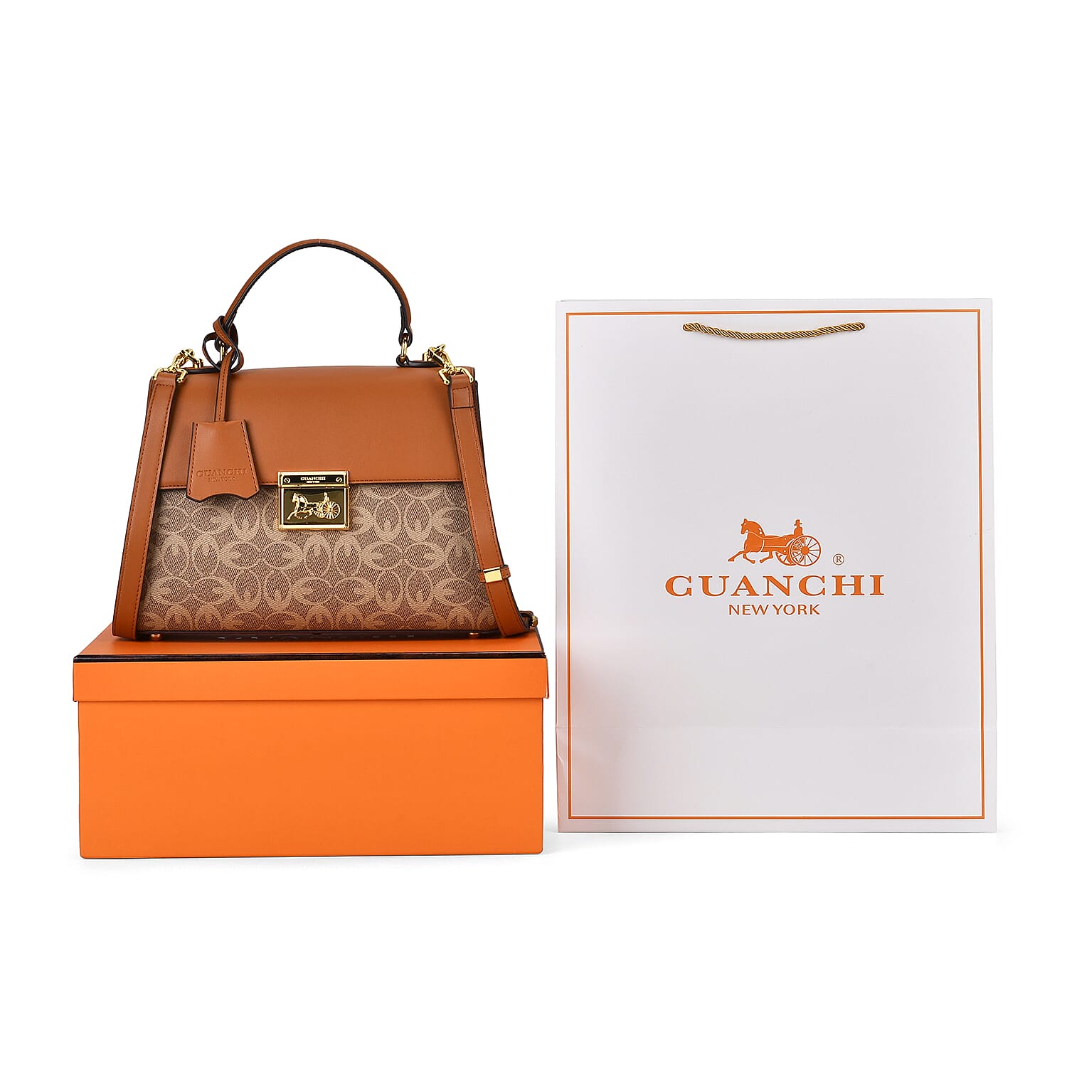GUANCHI Oval Pattern Crossbody Bag with Handle Drop - Brown & Beige