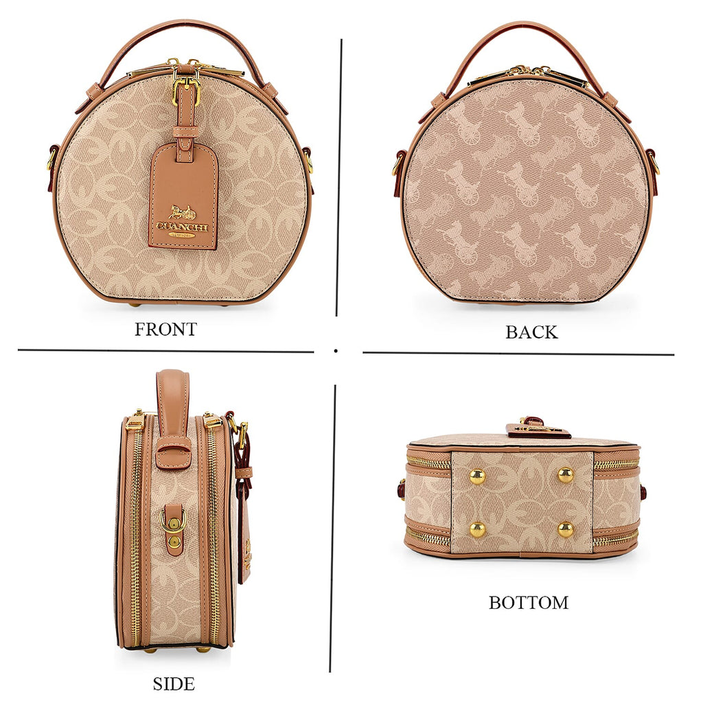 Guanchi Round Crossbody Bag with Top Handle - Ivory & Brown