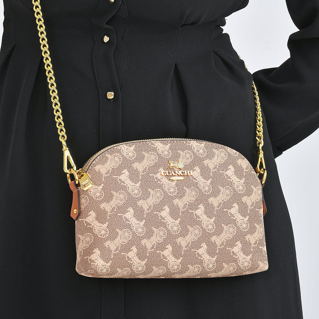 Guanchi Stylish Crossbody Bag with Shoulder Chain Strap - Brown & Beige