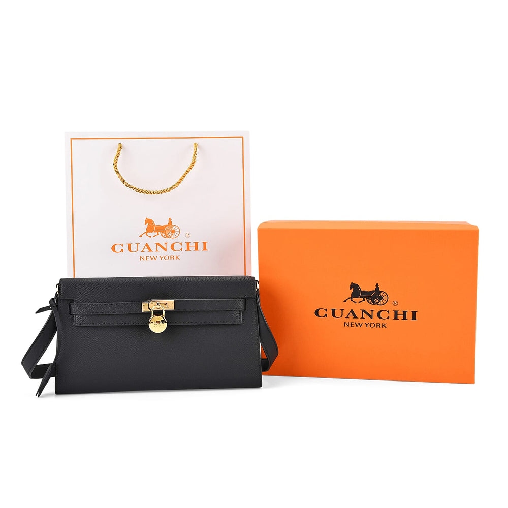 Guanchi Stylish Genuine Leather Crossbody Bag with Shoulder Strap - Black