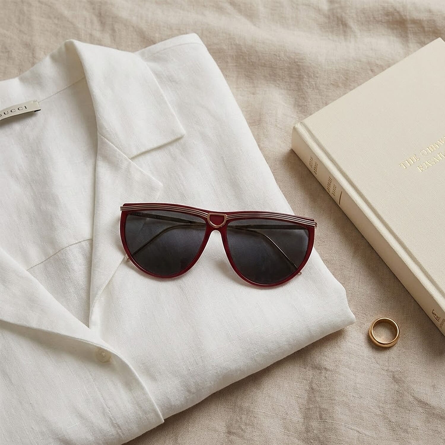 Gucci Ladies Red Rectangular Sunglasses with Gold Metal Front Design - Red