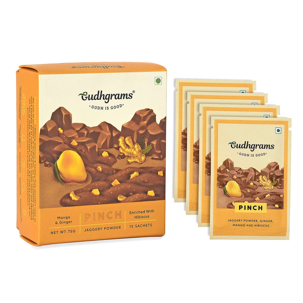 Gudhgrams  Budhgrams  PINCH  Budhgrams  PINCH  MANGO - GINGER  A delightful play between the joy of sweet mangoes and the spicy hit of dry ginger, this ones a real treat for the taste buds.