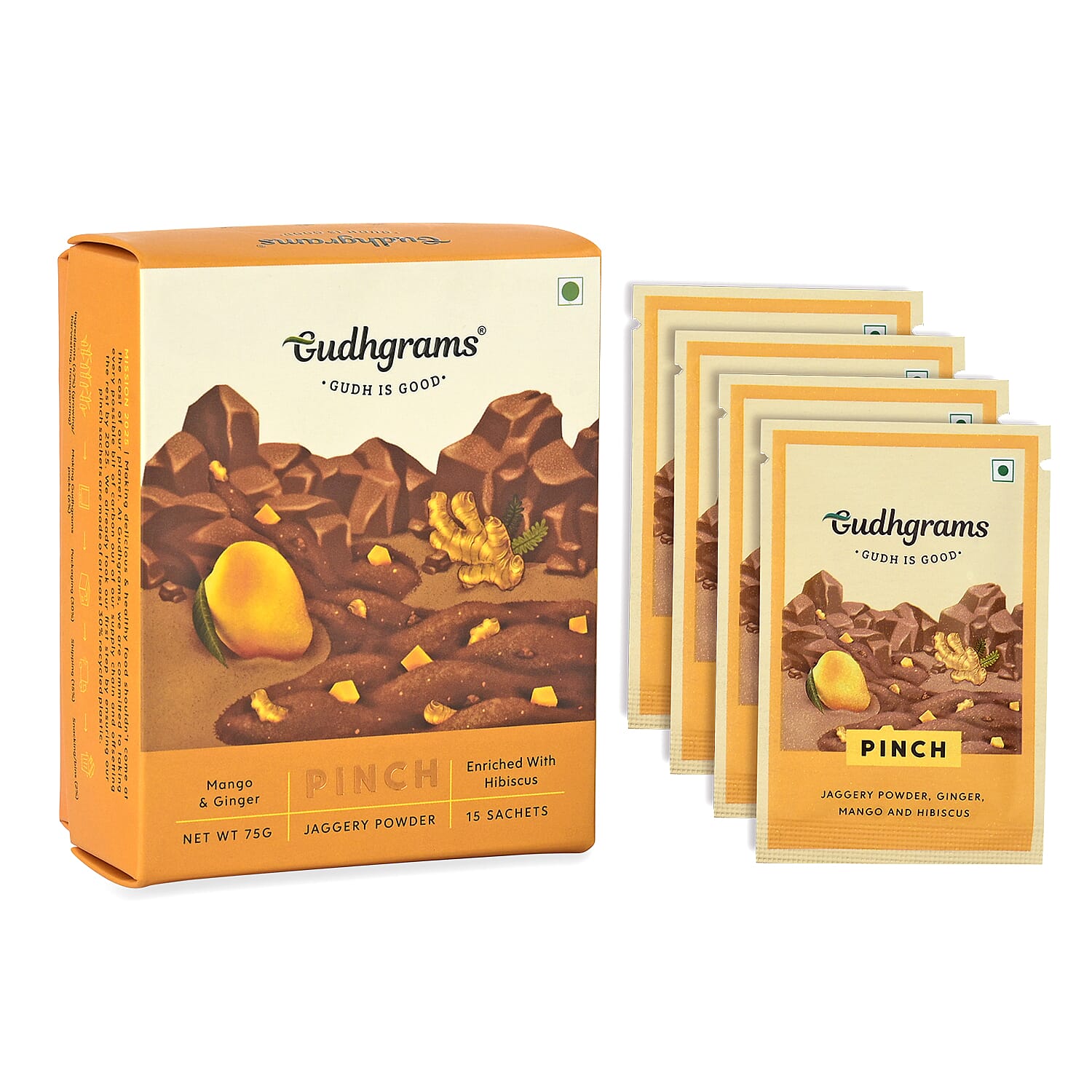 Gudhgrams  Budhgrams  PINCH  Budhgrams  PINCH  MANGO - GINGER  A delightful play between the joy of sweet mangoes and the spicy hit of dry ginger, this ones a real treat for the taste buds.