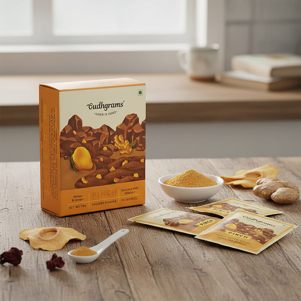Gudhgrams  Budhgrams  PINCH  Budhgrams  PINCH  MANGO - GINGER  A delightful play between the joy of sweet mangoes and the spicy hit of dry ginger, this ones a real treat for the taste buds.