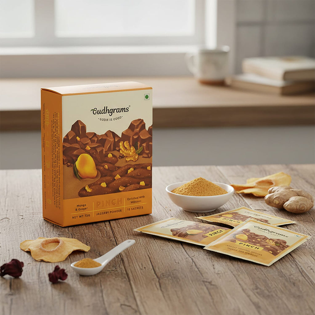 Gudhgrams  Budhgrams  PINCH  Budhgrams  PINCH  MANGO - GINGER  A delightful play between the joy of sweet mangoes and the spicy hit of dry ginger, this ones a real treat for the taste buds.