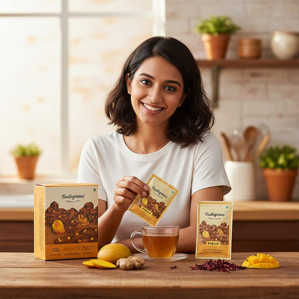 Gudhgrams  Budhgrams  PINCH  Budhgrams  PINCH  MANGO - GINGER  A delightful play between the joy of sweet mangoes and the spicy hit of dry ginger, this ones a real treat for the taste buds.