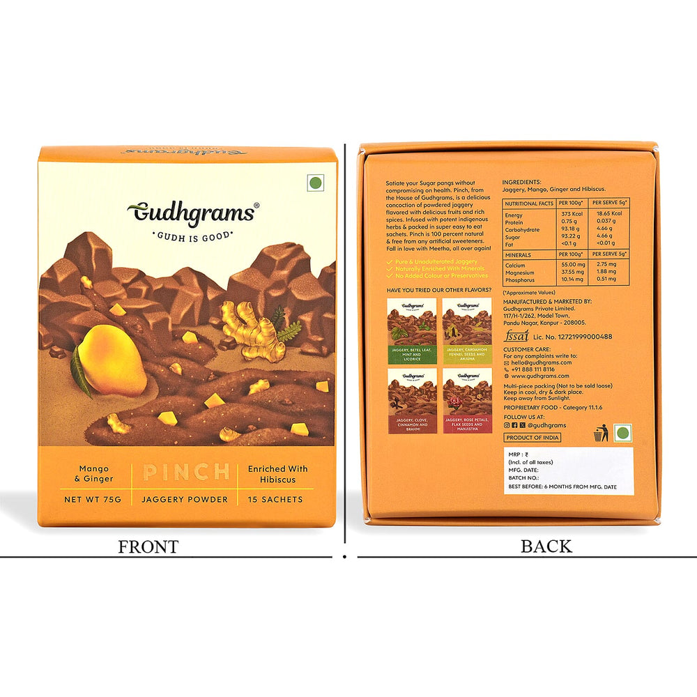 Gudhgrams  Budhgrams  PINCH  Budhgrams  PINCH  MANGO - GINGER  A delightful play between the joy of sweet mangoes and the spicy hit of dry ginger, this ones a real treat for the taste buds.