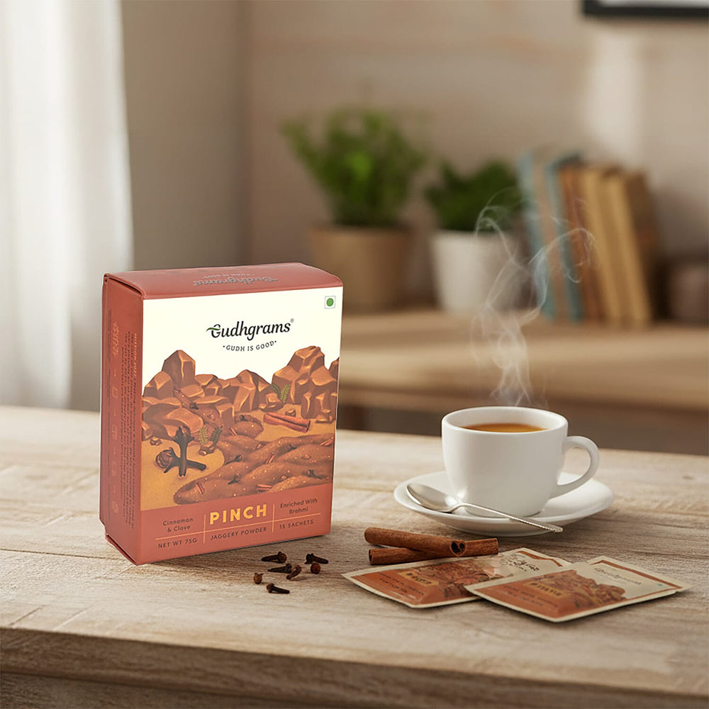 Gudhgrams  GUDH IS GOOD  CINNAMON - CLOVE  At the heart of this flavor lie cloves and cinnamon - a  synergy that soothes the soul. Carried by this fragrant pair and fortified with Brahmi, this flavor