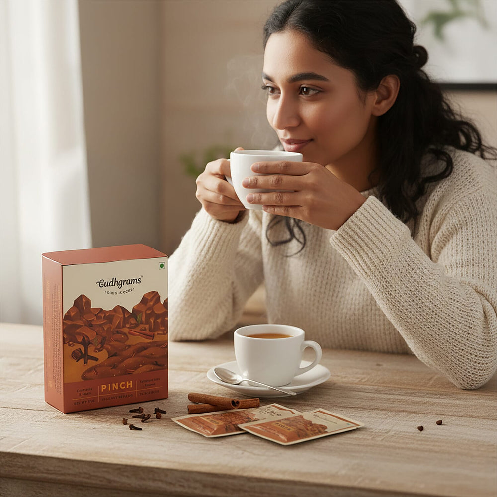 Gudhgrams  GUDH IS GOOD  CINNAMON - CLOVE  At the heart of this flavor lie cloves and cinnamon - a  synergy that soothes the soul. Carried by this fragrant pair and fortified with Brahmi, this flavor