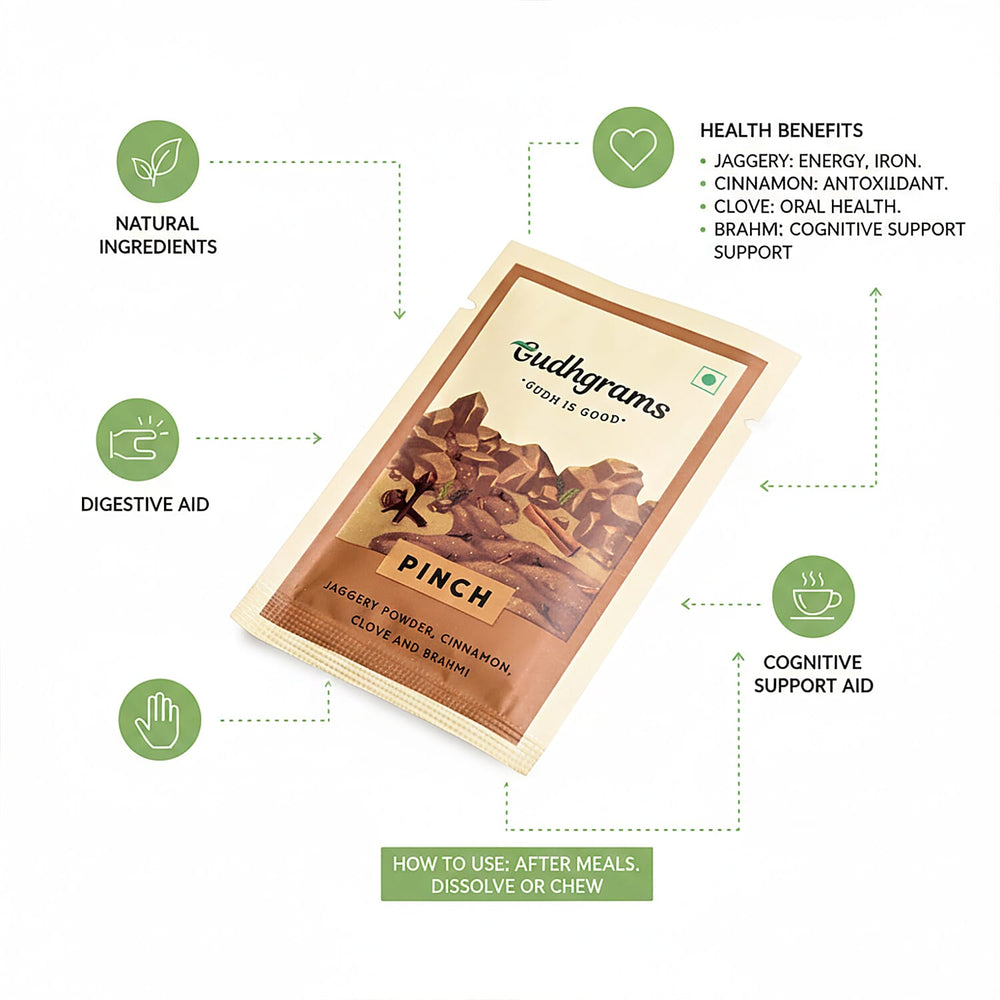 Gudhgrams  GUDH IS GOOD  CINNAMON - CLOVE  At the heart of this flavor lie cloves and cinnamon - a  synergy that soothes the soul. Carried by this fragrant pair and fortified with Brahmi, this flavor