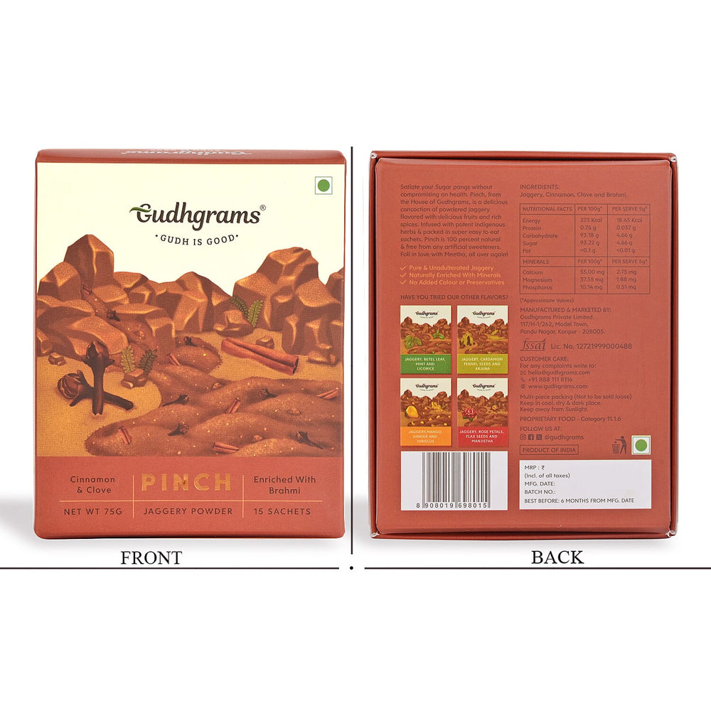 Gudhgrams  GUDH IS GOOD  CINNAMON - CLOVE  At the heart of this flavor lie cloves and cinnamon - a  synergy that soothes the soul. Carried by this fragrant pair and fortified with Brahmi, this flavor