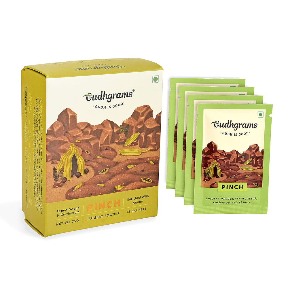 Gudhgrams GUDH IS GOOD  PINCH-- FENNEL SEEDS - CARDAMOM  With the earthy goodness of fennel seeds, aromatic cardamom and fortified with the Arjuna herb, this flavor is sure to be a favorite both for y