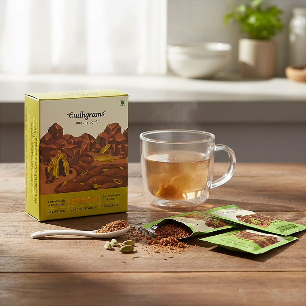 Gudhgrams GUDH IS GOOD  PINCH-- FENNEL SEEDS - CARDAMOM  With the earthy goodness of fennel seeds, aromatic cardamom and fortified with the Arjuna herb, this flavor is sure to be a favorite both for y