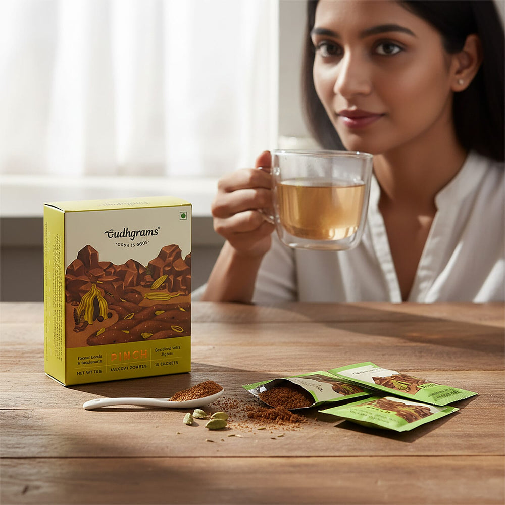 Gudhgrams GUDH IS GOOD  PINCH-- FENNEL SEEDS - CARDAMOM  With the earthy goodness of fennel seeds, aromatic cardamom and fortified with the Arjuna herb, this flavor is sure to be a favorite both for y