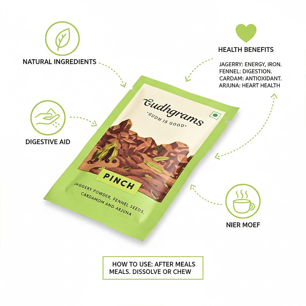 Gudhgrams GUDH IS GOOD  PINCH-- FENNEL SEEDS - CARDAMOM  With the earthy goodness of fennel seeds, aromatic cardamom and fortified with the Arjuna herb, this flavor is sure to be a favorite both for y