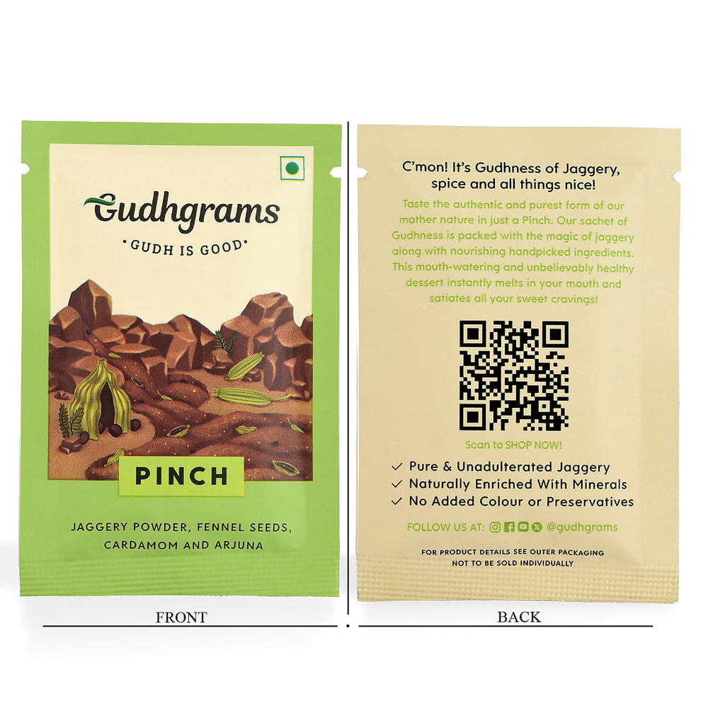 Gudhgrams GUDH IS GOOD  PINCH-- FENNEL SEEDS - CARDAMOM  With the earthy goodness of fennel seeds, aromatic cardamom and fortified with the Arjuna herb, this flavor is sure to be a favorite both for y