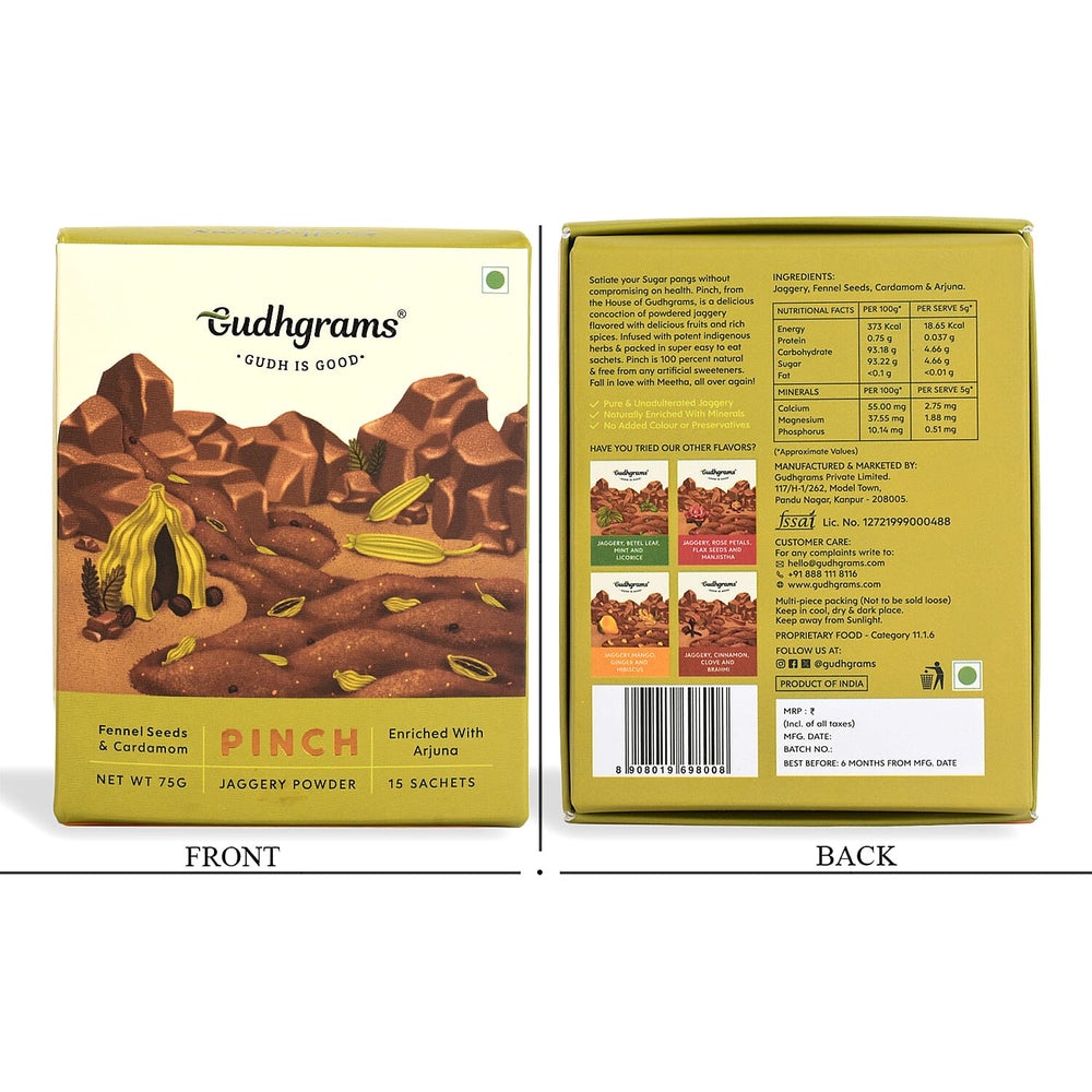 Gudhgrams GUDH IS GOOD  PINCH-- FENNEL SEEDS - CARDAMOM  With the earthy goodness of fennel seeds, aromatic cardamom and fortified with the Arjuna herb, this flavor is sure to be a favorite both for y