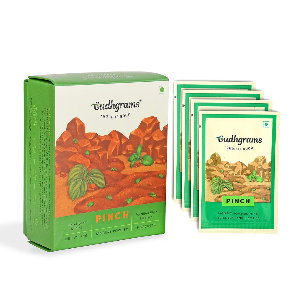 Gudhgrams PINCH BETEL LEAF - MINT A classic combination of the sharp earthiness of betel leaves and the fresh hint of mint, this flavor is indeed a no-brainer. Licorice brings the Ayurvedic upside to
