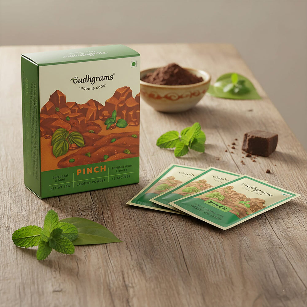 Gudhgrams PINCH BETEL LEAF - MINT A classic combination of the sharp earthiness of betel leaves and the fresh hint of mint, this flavor is indeed a no-brainer. Licorice brings the Ayurvedic upside to