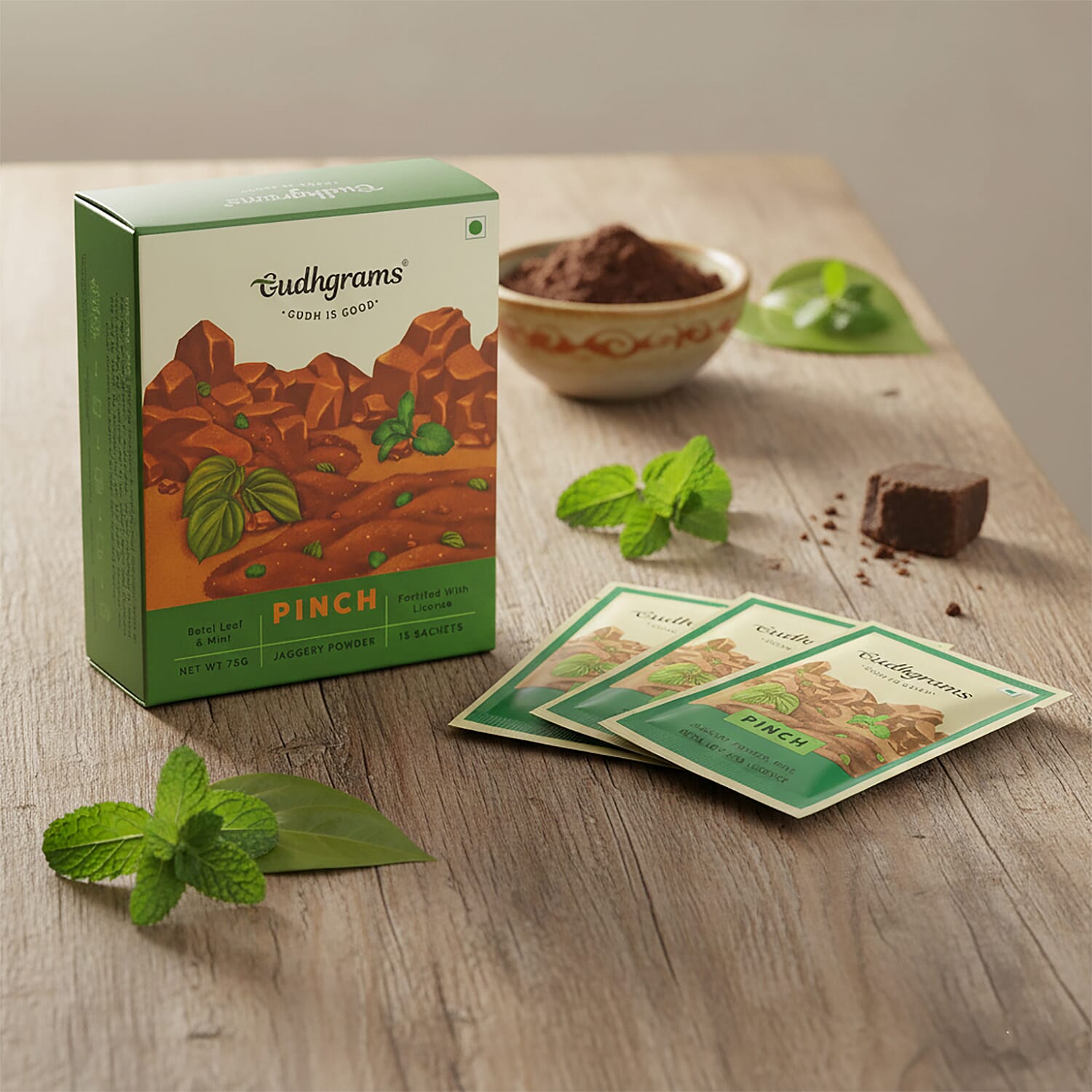 Gudhgrams PINCH BETEL LEAF - MINT A classic combination of the sharp earthiness of betel leaves and the fresh hint of mint, this flavor is indeed a no-brainer. Licorice brings the Ayurvedic upside to